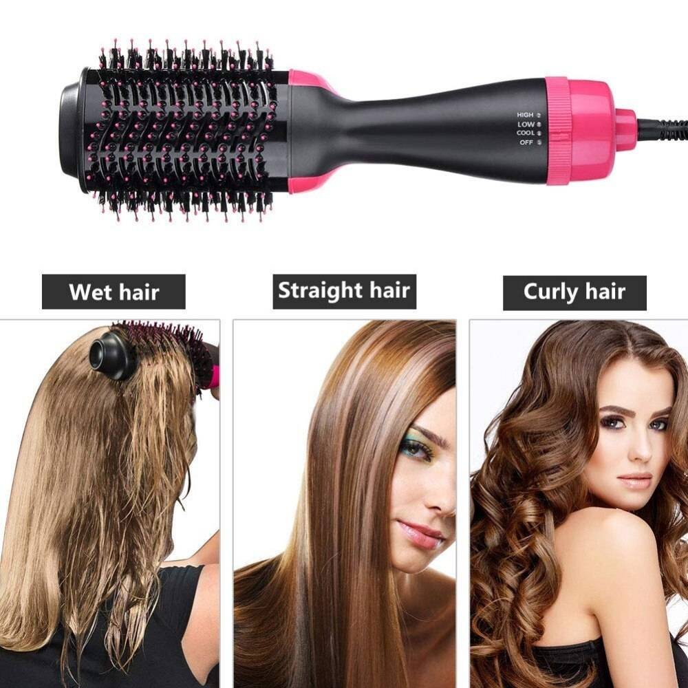 Hot Air Hair Dryer Brush Volumizer styling wet, straight, and curly hair with added volume and shine.