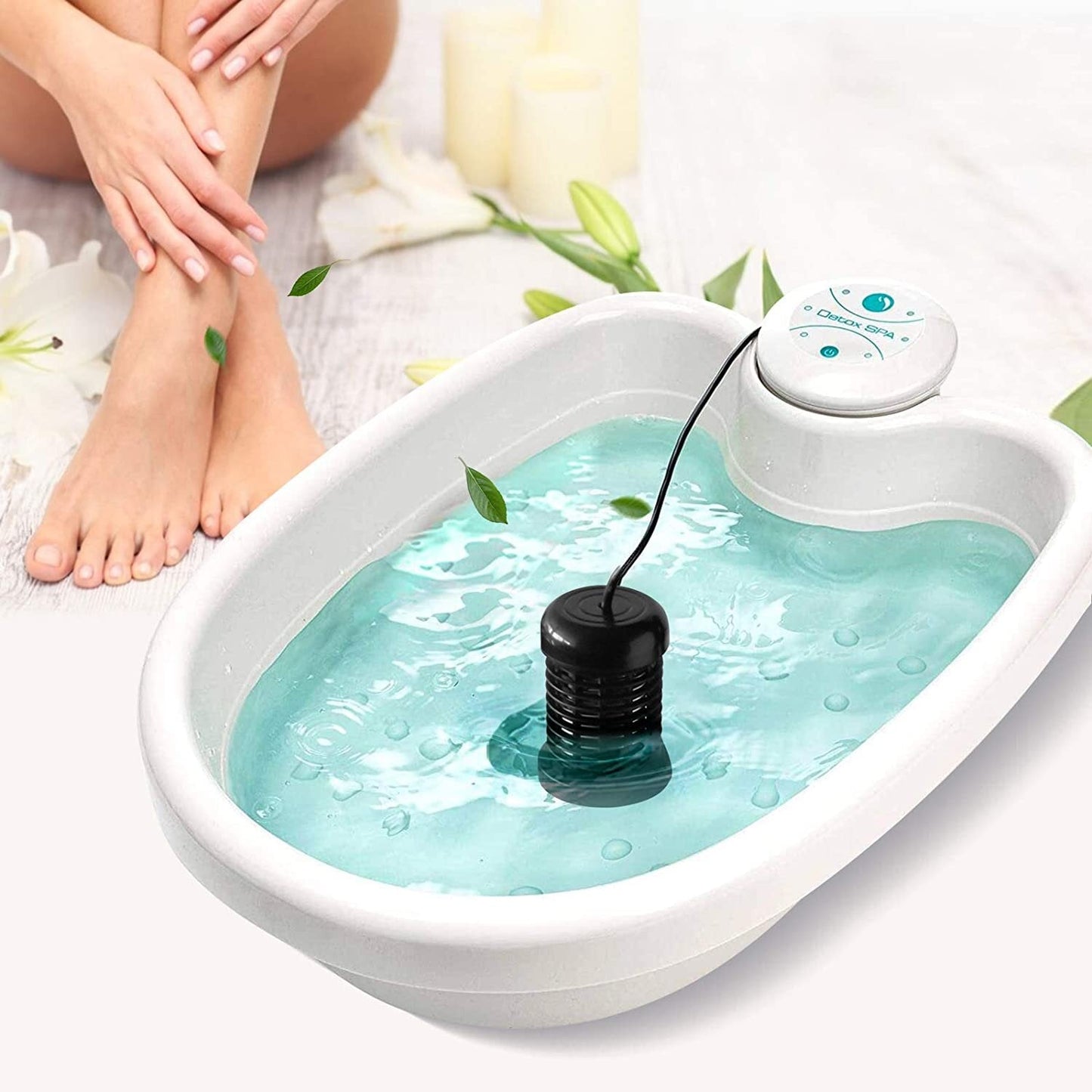 Relaxing session with Ionic Detox Foot Spa Cleans Machine, showcasing ionized water for toxin removal through feet.