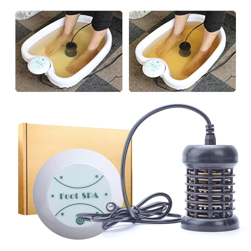 Ionic Detox Foot Spa Cleans Machine showing feet in foot spa and detox unit.