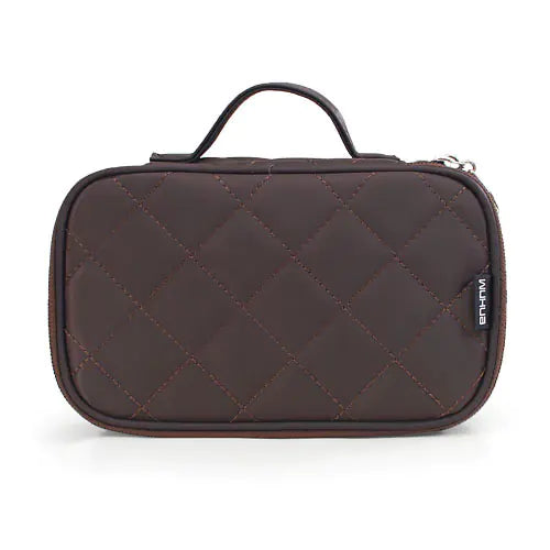 Korean Makeup Bag - small portable waterproof organizer in brown with quilted design and handle.