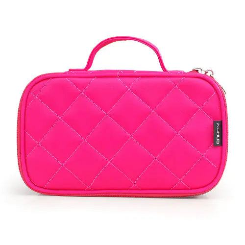 Korean Makeup Bag - small portable waterproof organizer in vibrant pink color with quilted design.
