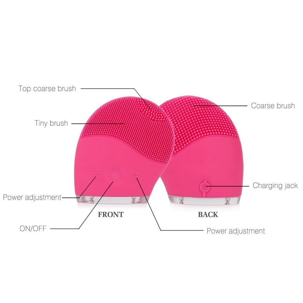 Front and back view of Ultrasonic Facial Cleansing Brush with labeled features for easy use.