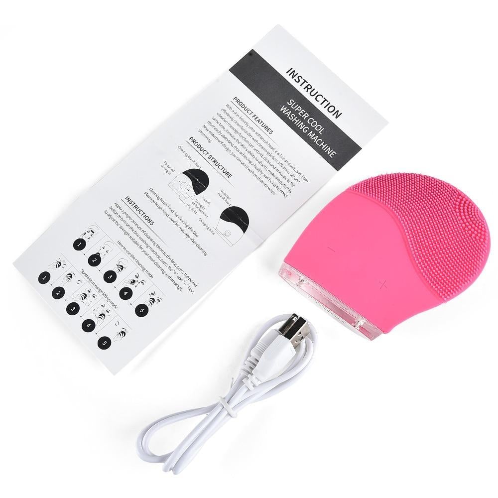 Ultrasonic Facial Cleansing Brush with instructions and charging cable for effective skin cleansing and rejuvenation.