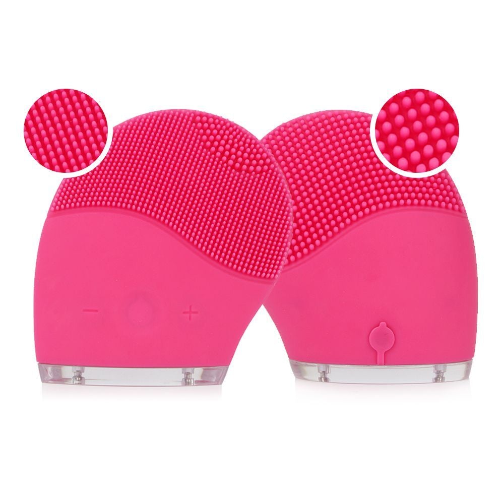 Ultrasonic Facial Cleansing Brush in pink, dual view with bristle details for skincare and massage.
