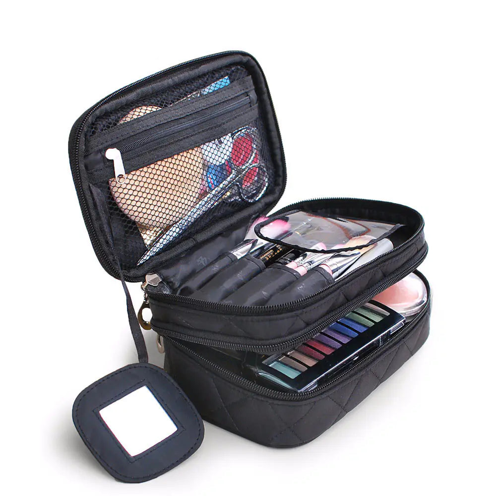 Korean Makeup Bag - small portable waterproof organizer with mesh pockets and makeup tools inside.