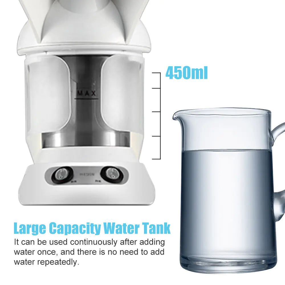 Moisturizing Facial Steamer showing 450ml large capacity water tank for continuous use