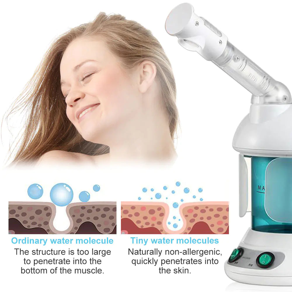 Moisturizing facial steamer demonstrating skin penetration with tiny water molecules for optimal hydration.