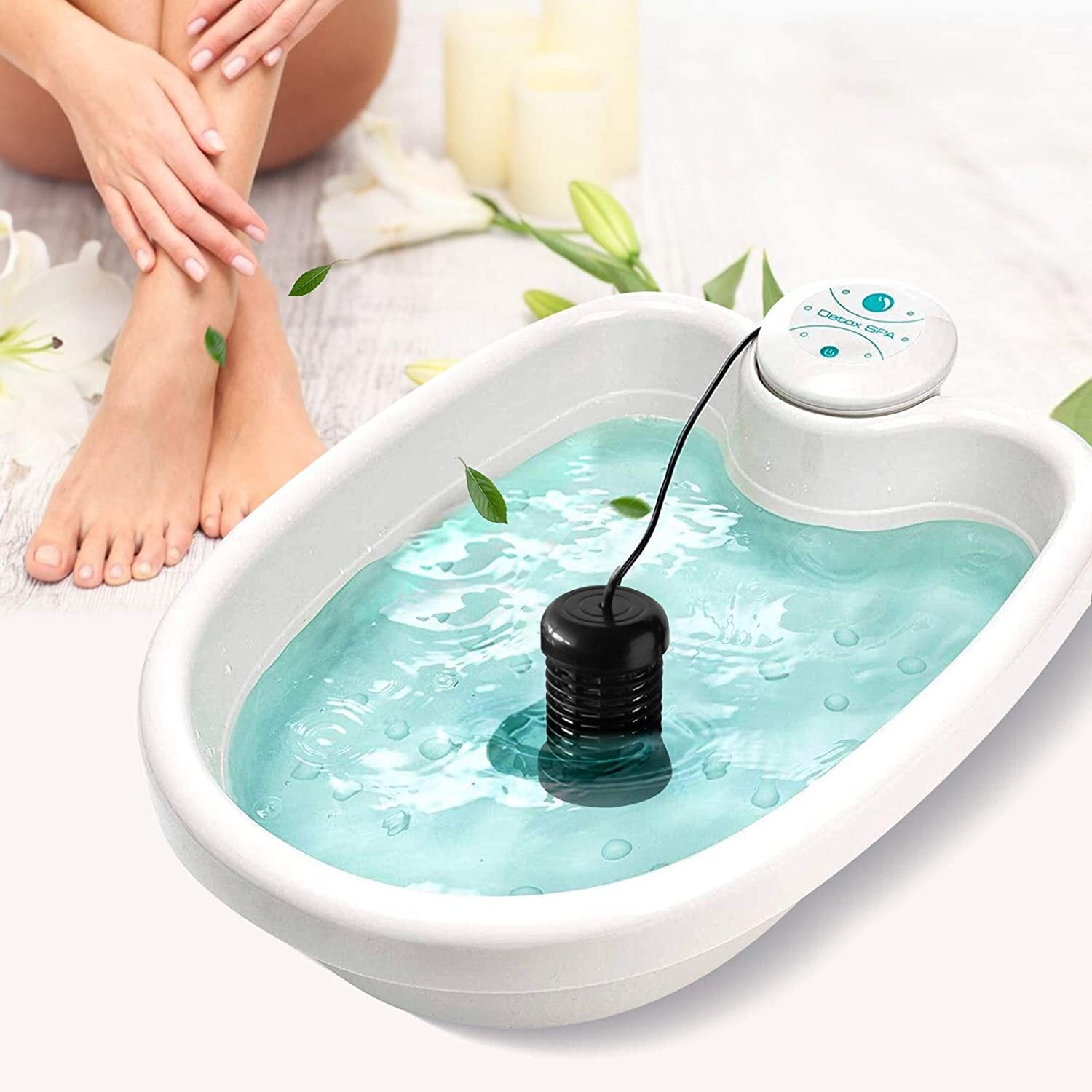 Relaxing session with Ionic Detox Foot Spa Cleans Machine, showcasing ionized water for toxin removal through feet.