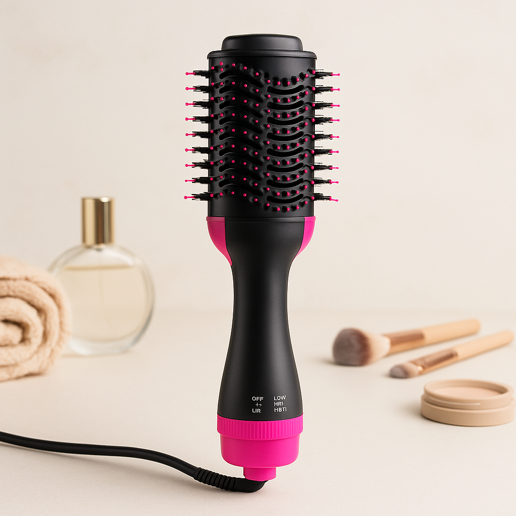 Hot Air Hair Dryer Brush Volumizer on a dressing table with makeup tools.