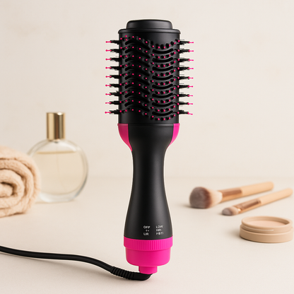 Hot Air Hair Dryer Brush Volumizer on a dressing table with makeup tools.