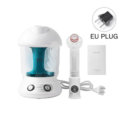 Moisturizing Facial Steamer - Handheld with EU plug and user manual, designed for deep skin hydration.