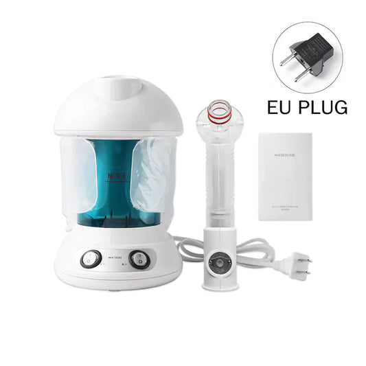 Moisturizing Facial Steamer - Handheld with EU plug and user manual, designed for deep skin hydration.
