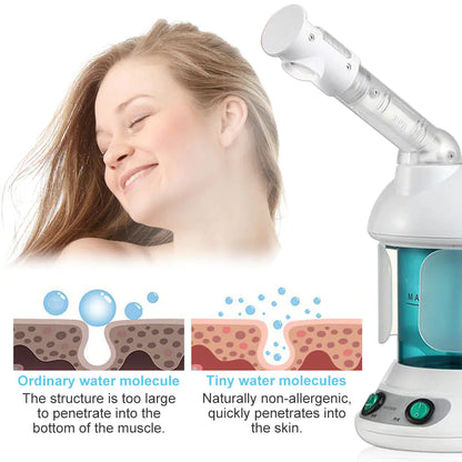 Moisturizing facial steamer demonstrating skin penetration with tiny water molecules for optimal hydration.